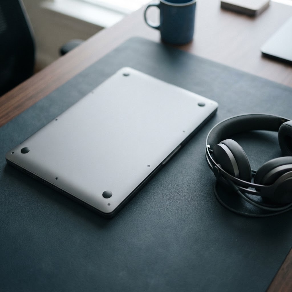 Professional equipment laid out on a dark surface