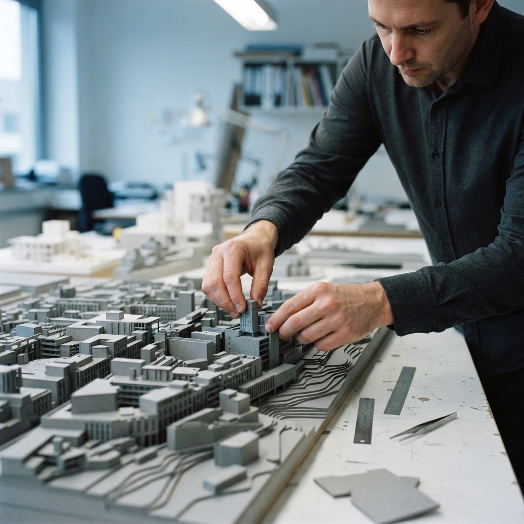 Hands working on a detailed architectural model in a studio