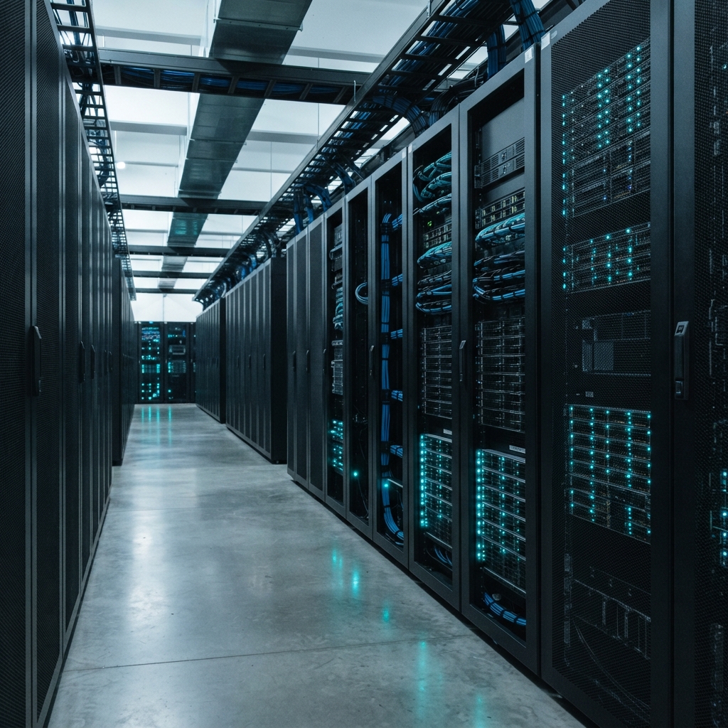 Modern server room infrastructure with steady status lights