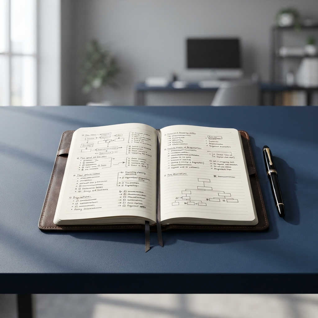 Notebook and pen on a desk for compliance planning