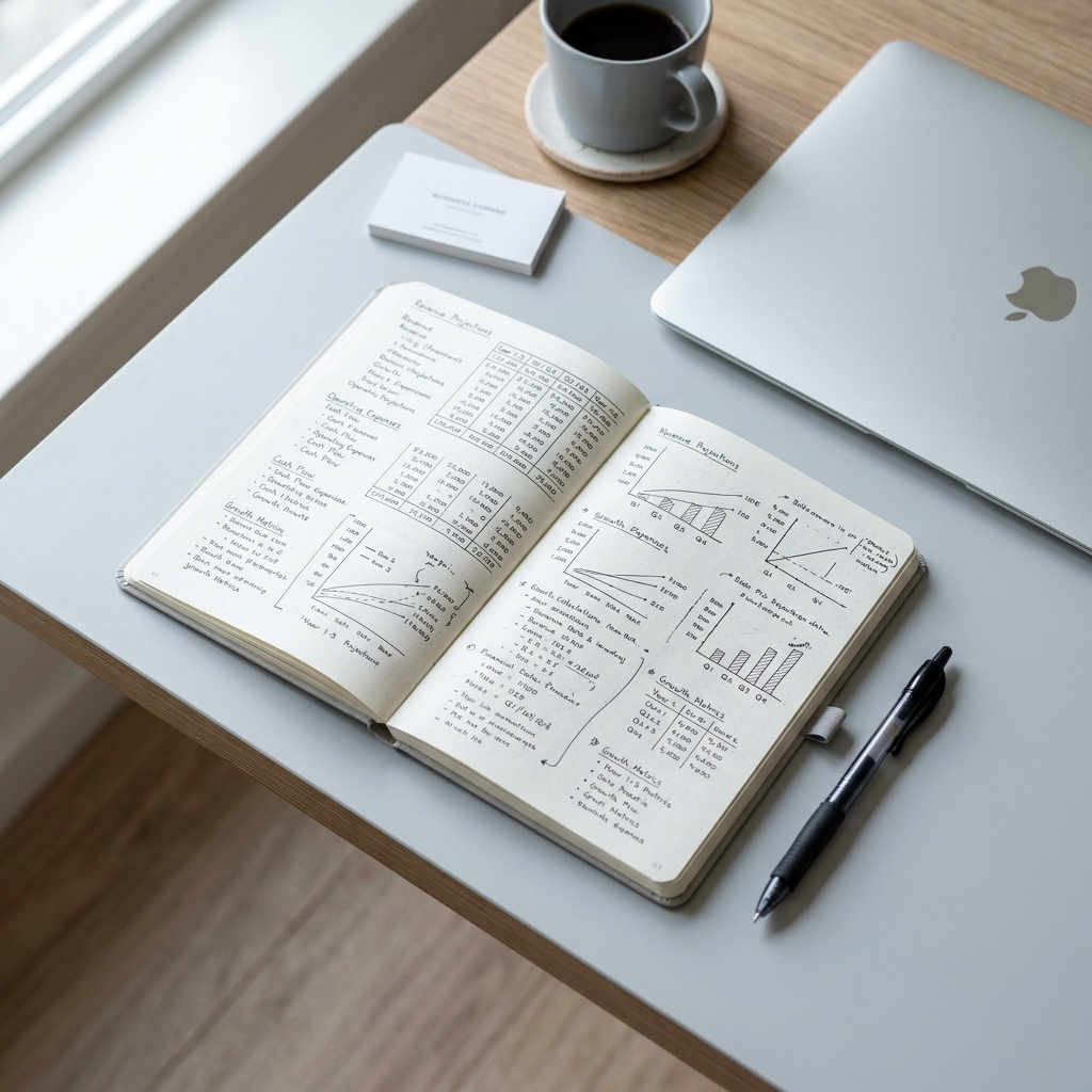 Founder workspace with financial planning notebook