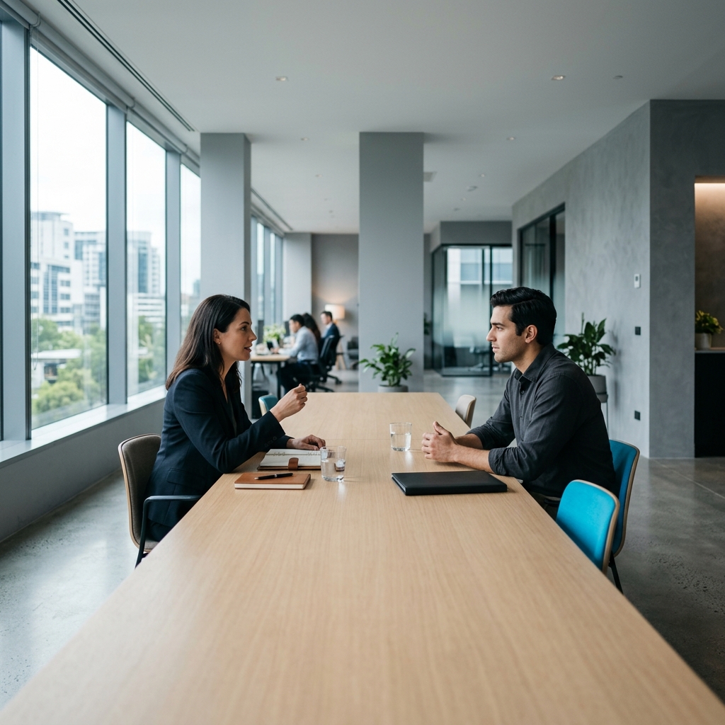 Founders in focused discussion across modern table