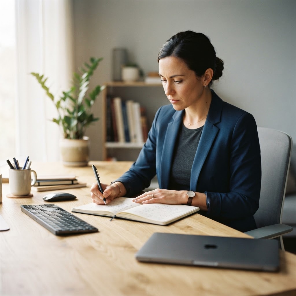 Founder taking notes in a quiet office