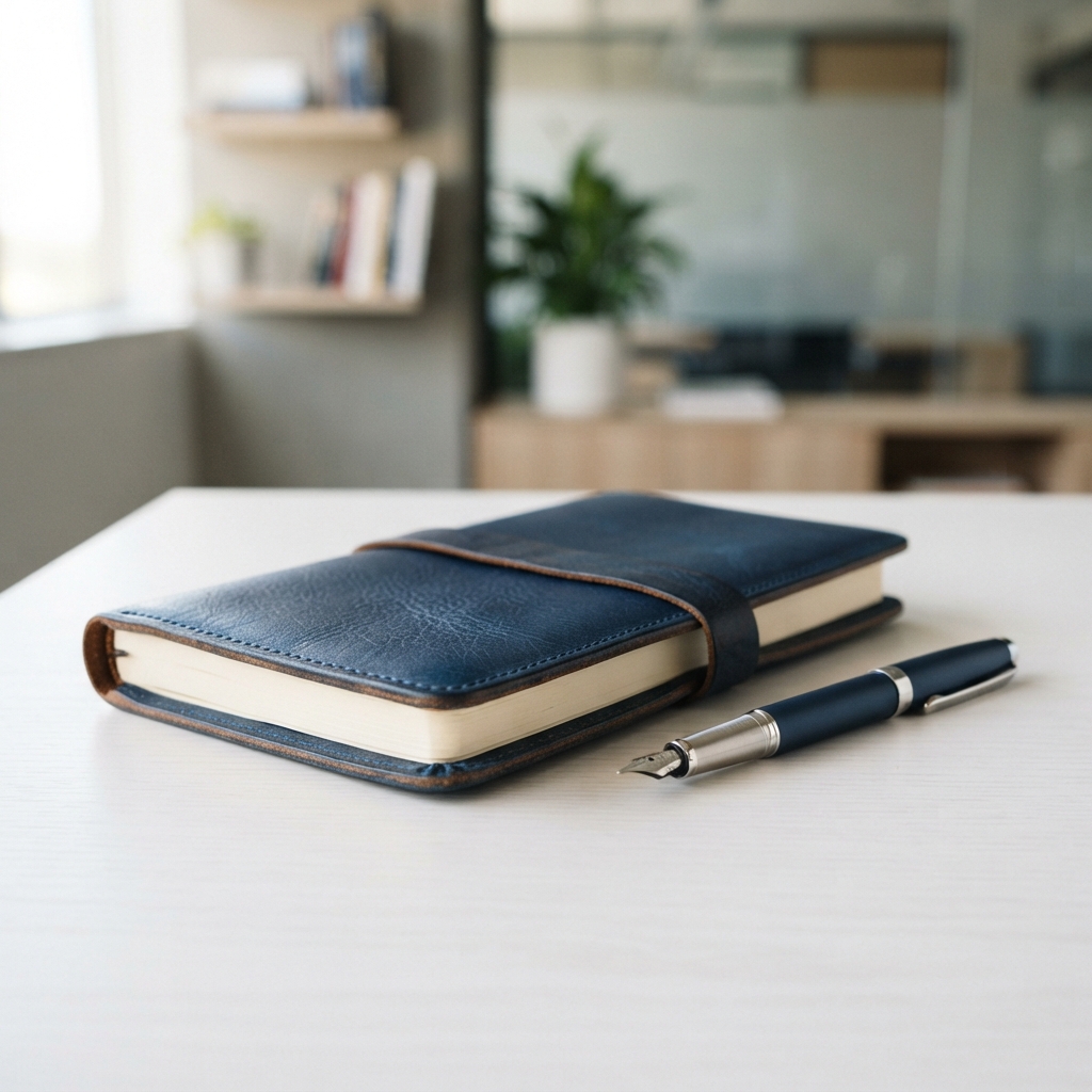 Notebook and pen on a desk