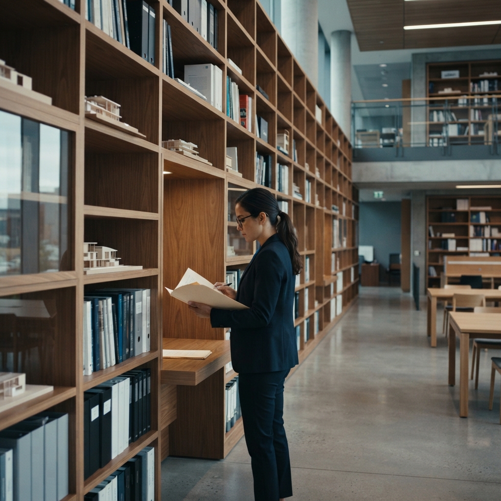 Person reviewing documents in an office library