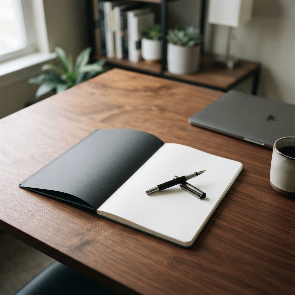 A clean workspace with a notebook and pen