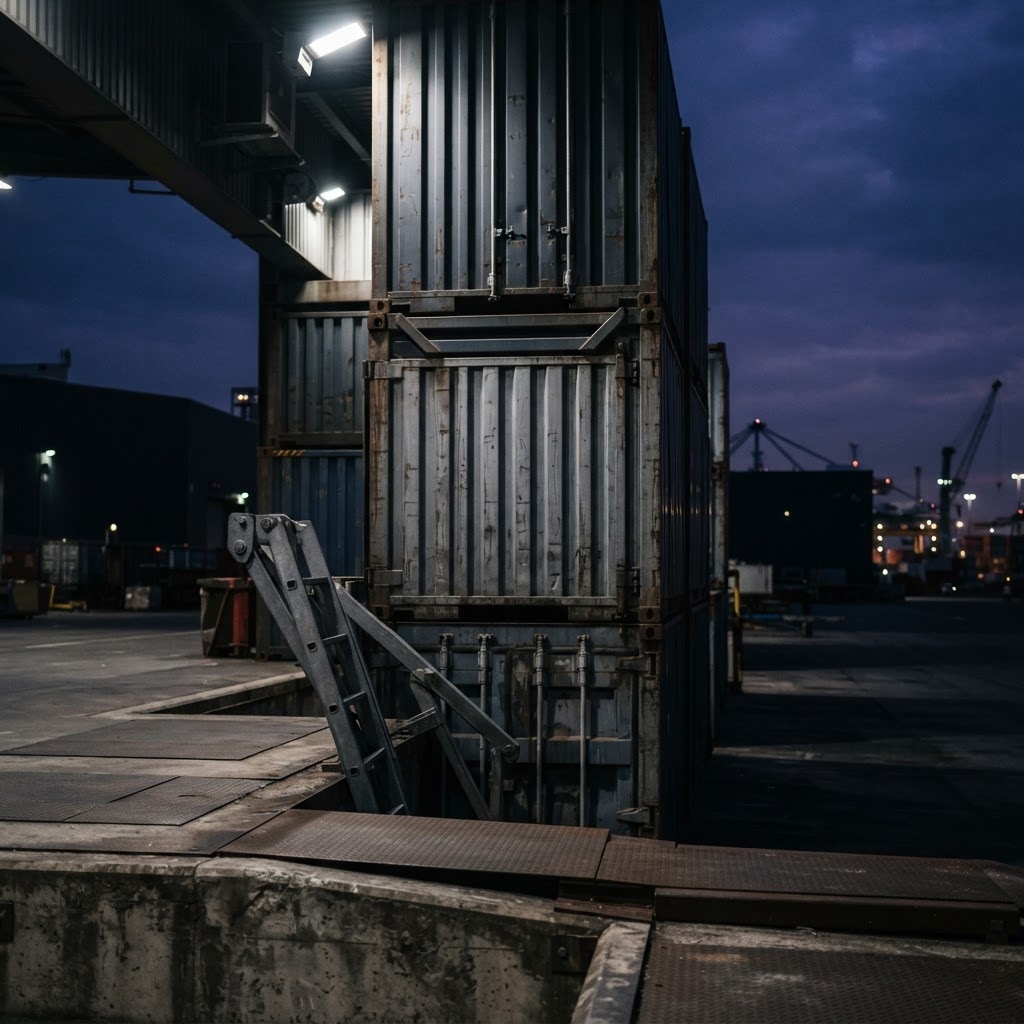 Industrial shipping containers at dusk