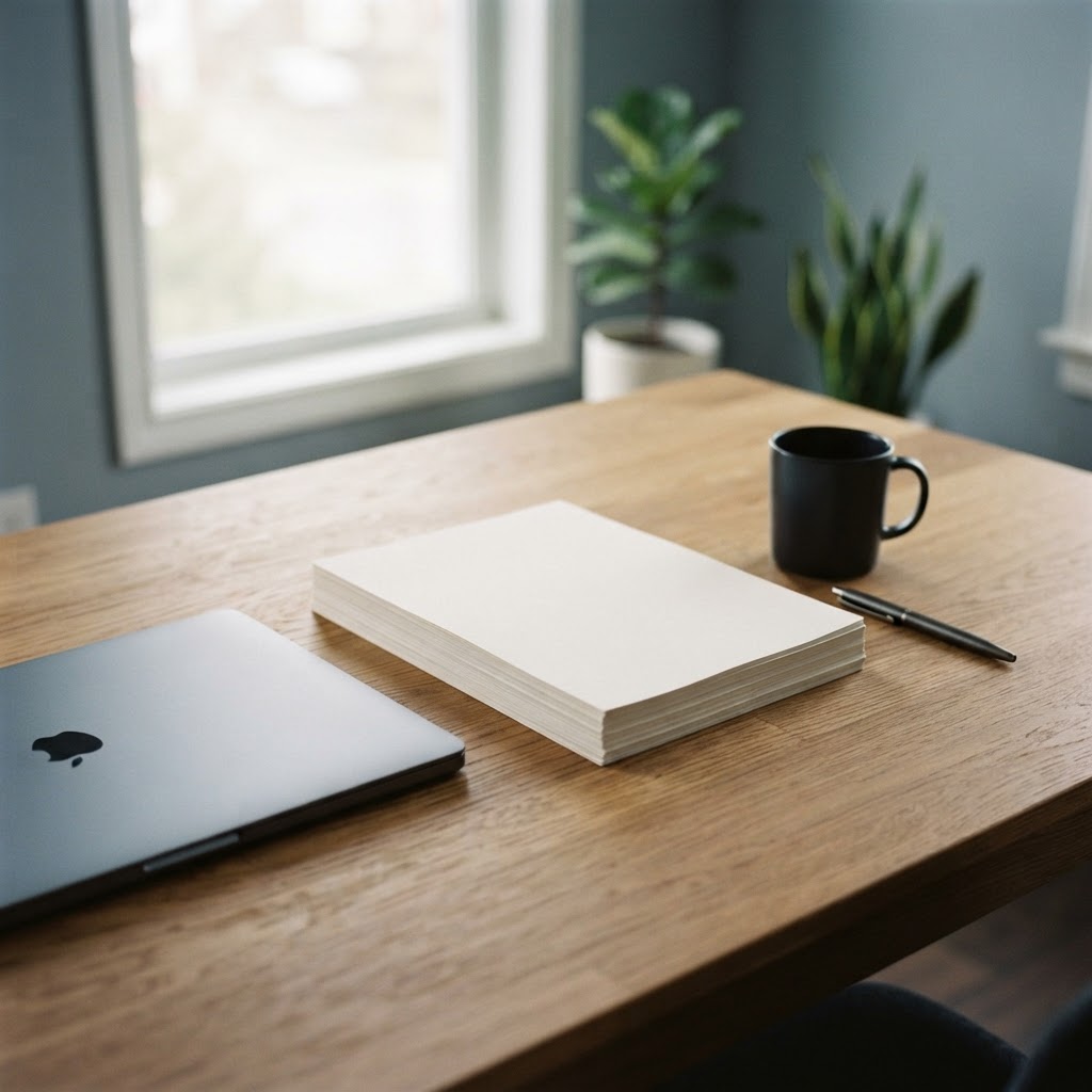 Minimalist desk with closed laptop and documents
