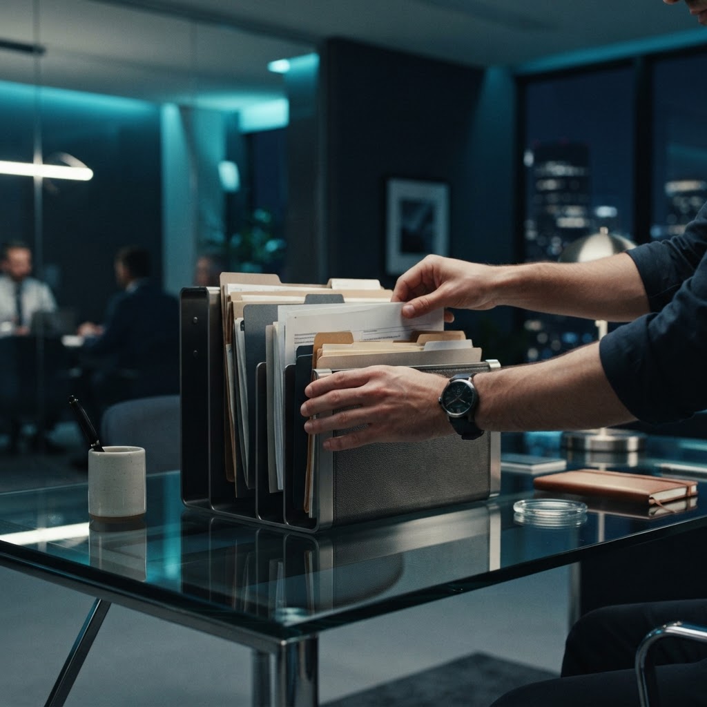 Professional hands organizing documents on a glass table