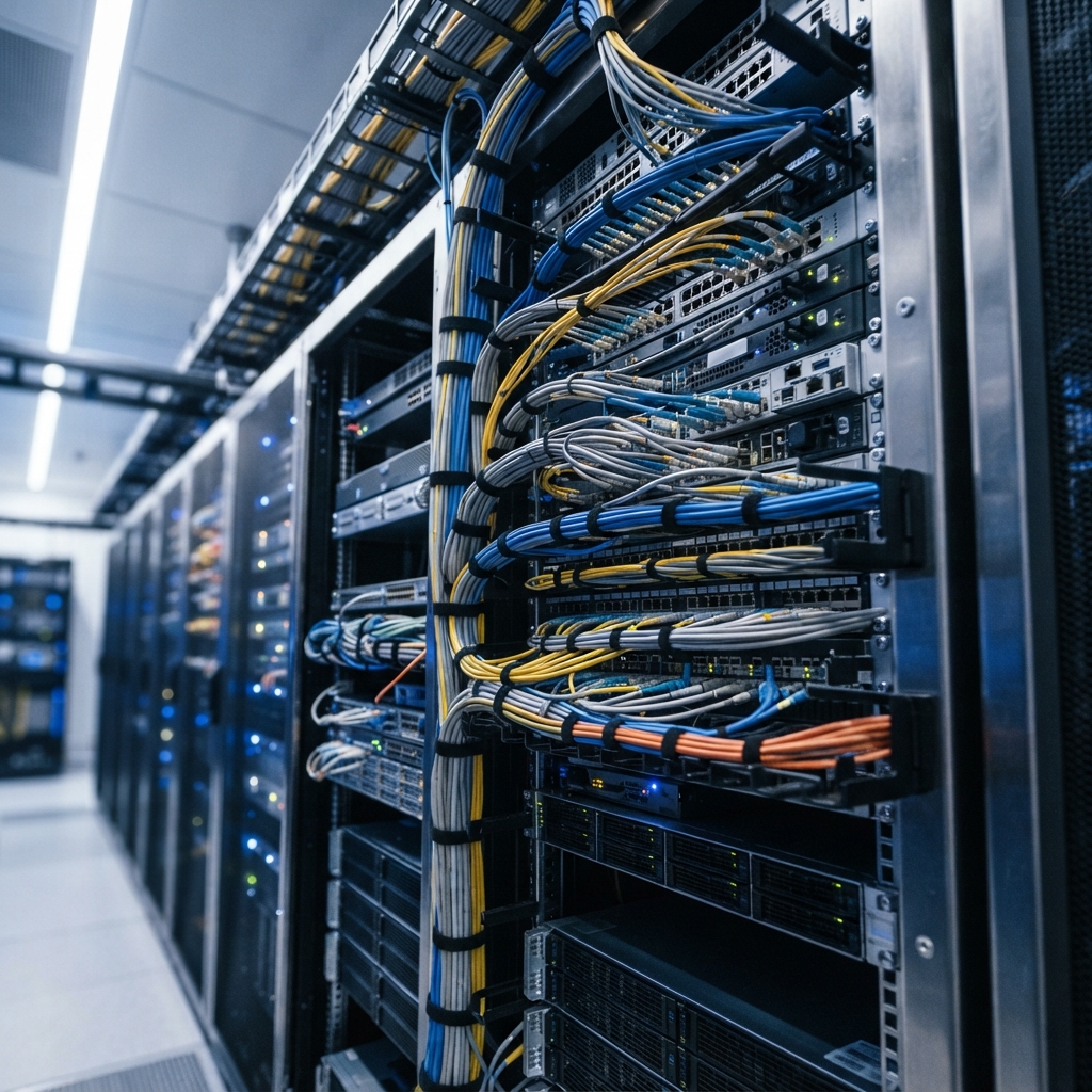Detailed view of structured server room infrastructure