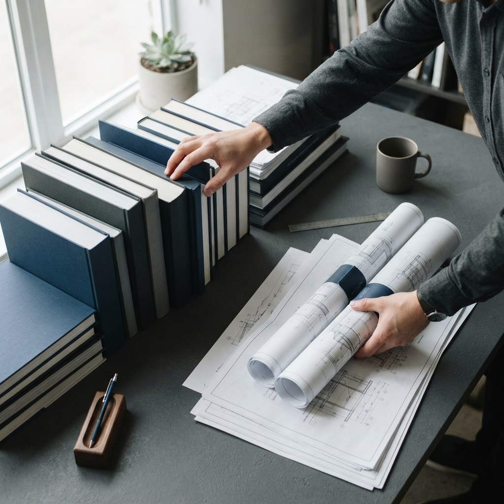 Professional organizing technical documents on a dark desk