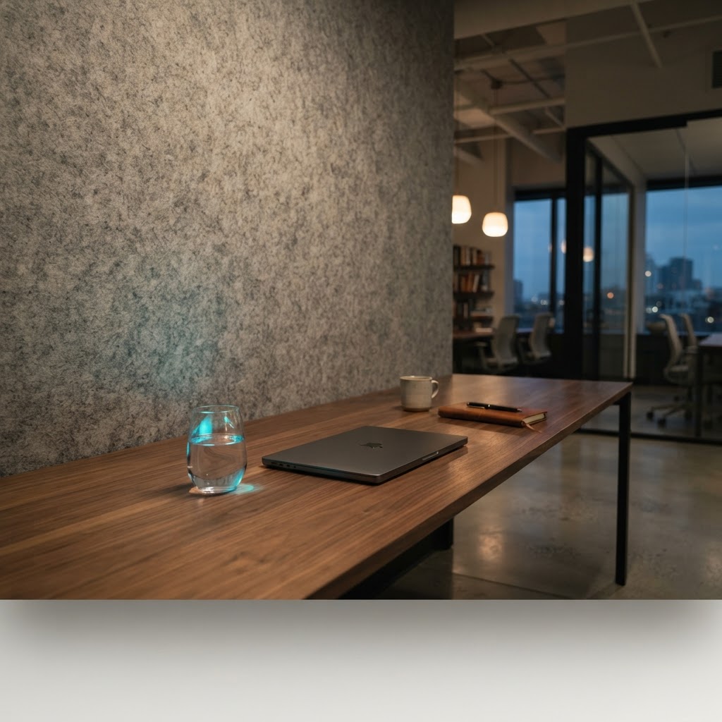 Quiet modern office desk with a closed laptop