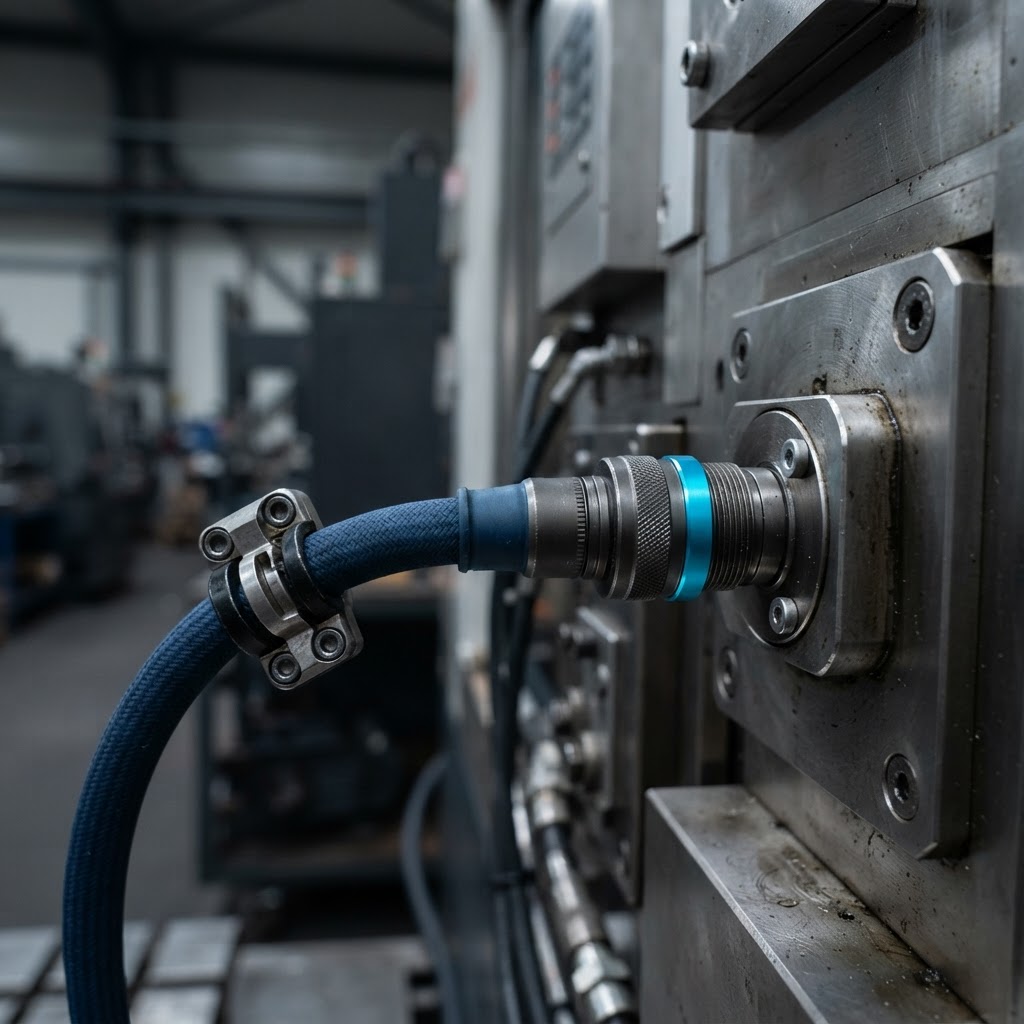 Close up of industrial cable connection with metallic textures