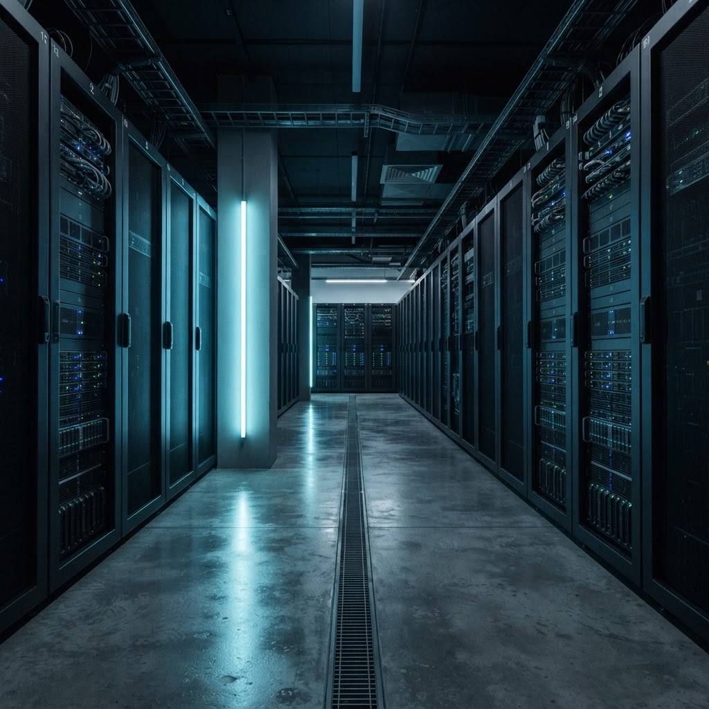 Modern orderly server room with clean lines and cool lighting
