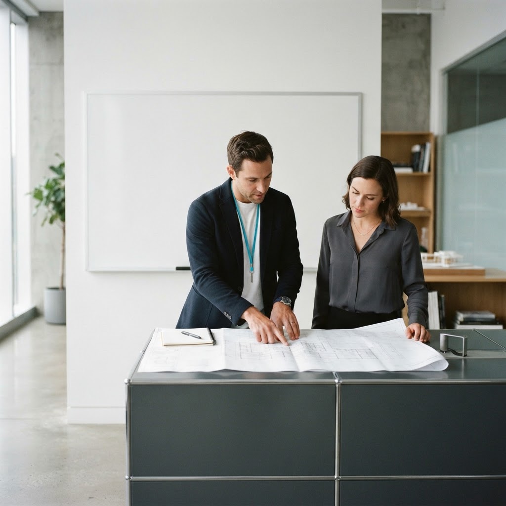 Two professionals in a deep discussion by a clean workspace