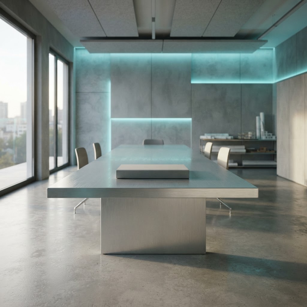 Minimalist office interior with a single folder on a desk