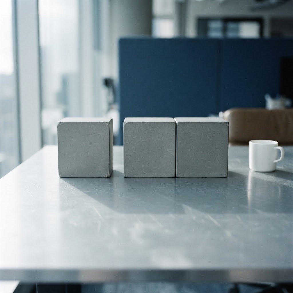 Minimalist stone monoliths arranged on an aluminum surface