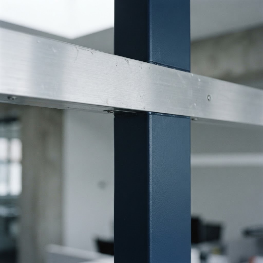 Close up of aluminum and blue metal beams