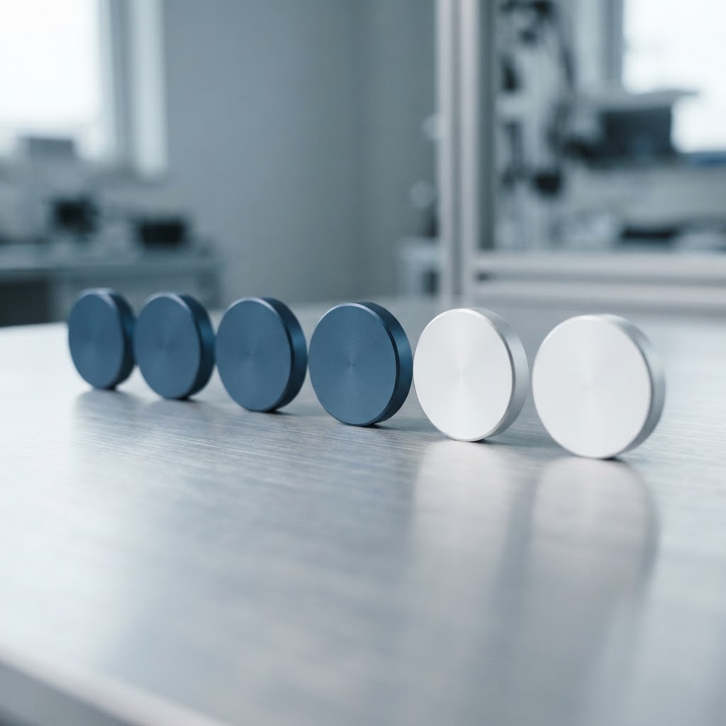 Row of blue and white precision metal discs