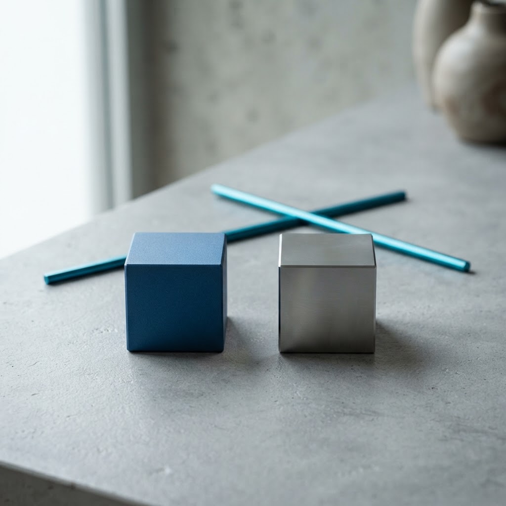 Two precision metal blocks sit on a stone desk