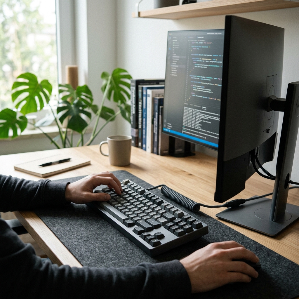 Developer workspace with keyboard and monitor from side angle
