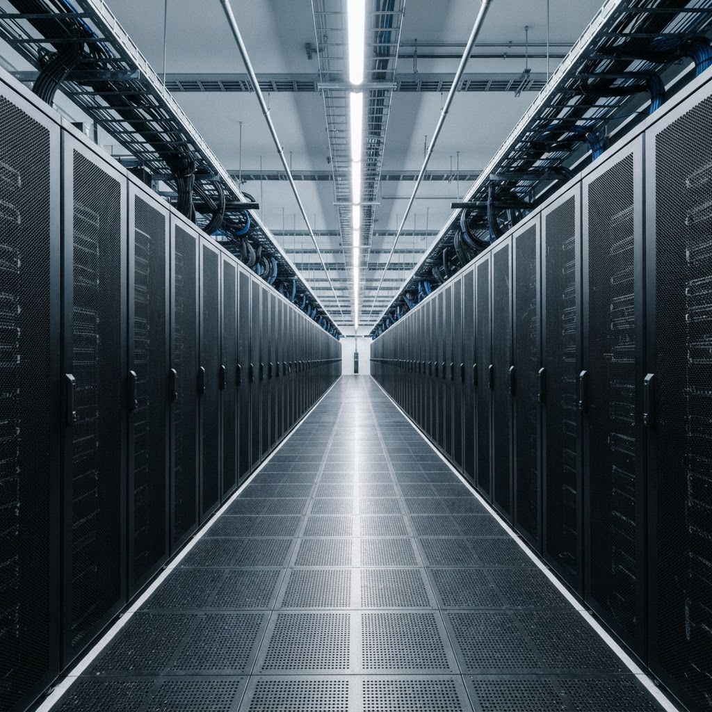 Modern server room interior showing infrastructure and cabling