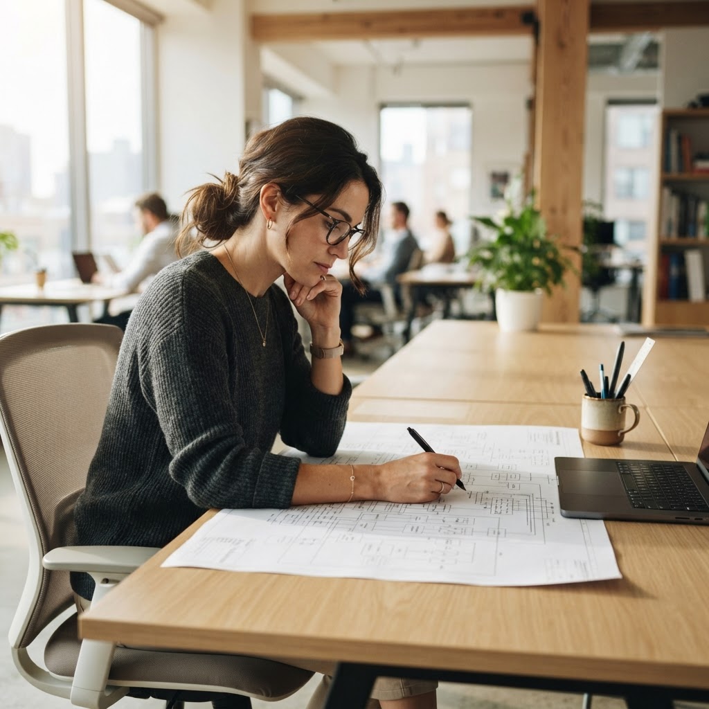 Software engineer studying architectural plans at a clean desk
