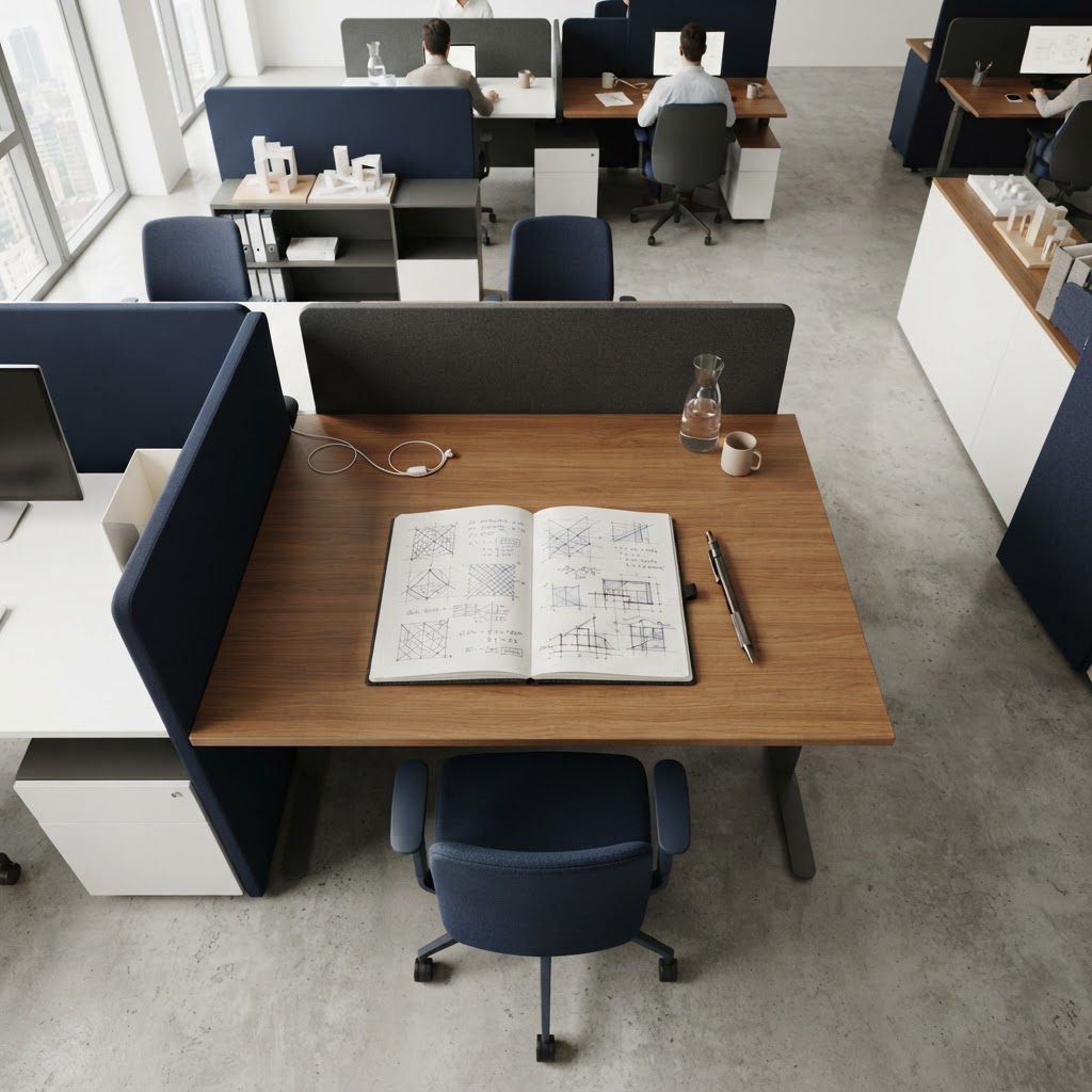 Aerial view of a clean desk with technical notes