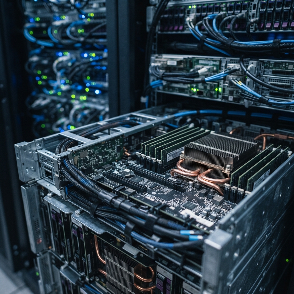 Detailed close up of modern industrial server hardware infrastructure