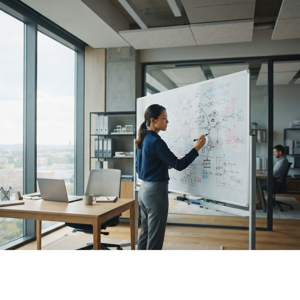 Engineer sketching a logical workflow on a clean whiteboard