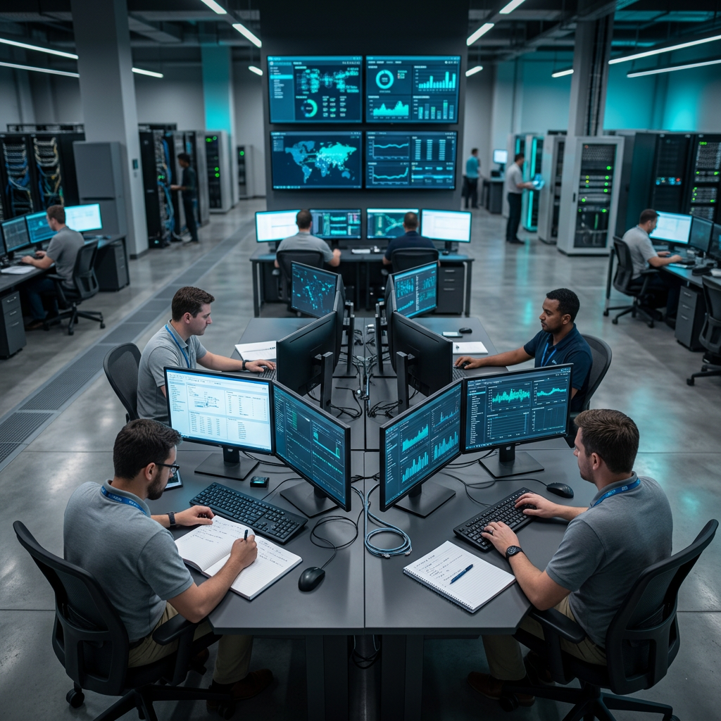 Network operations team monitoring distributed edge infrastructure