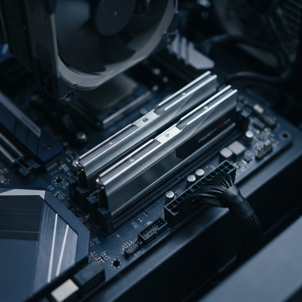 Close up of high performance memory modules on a motherboard