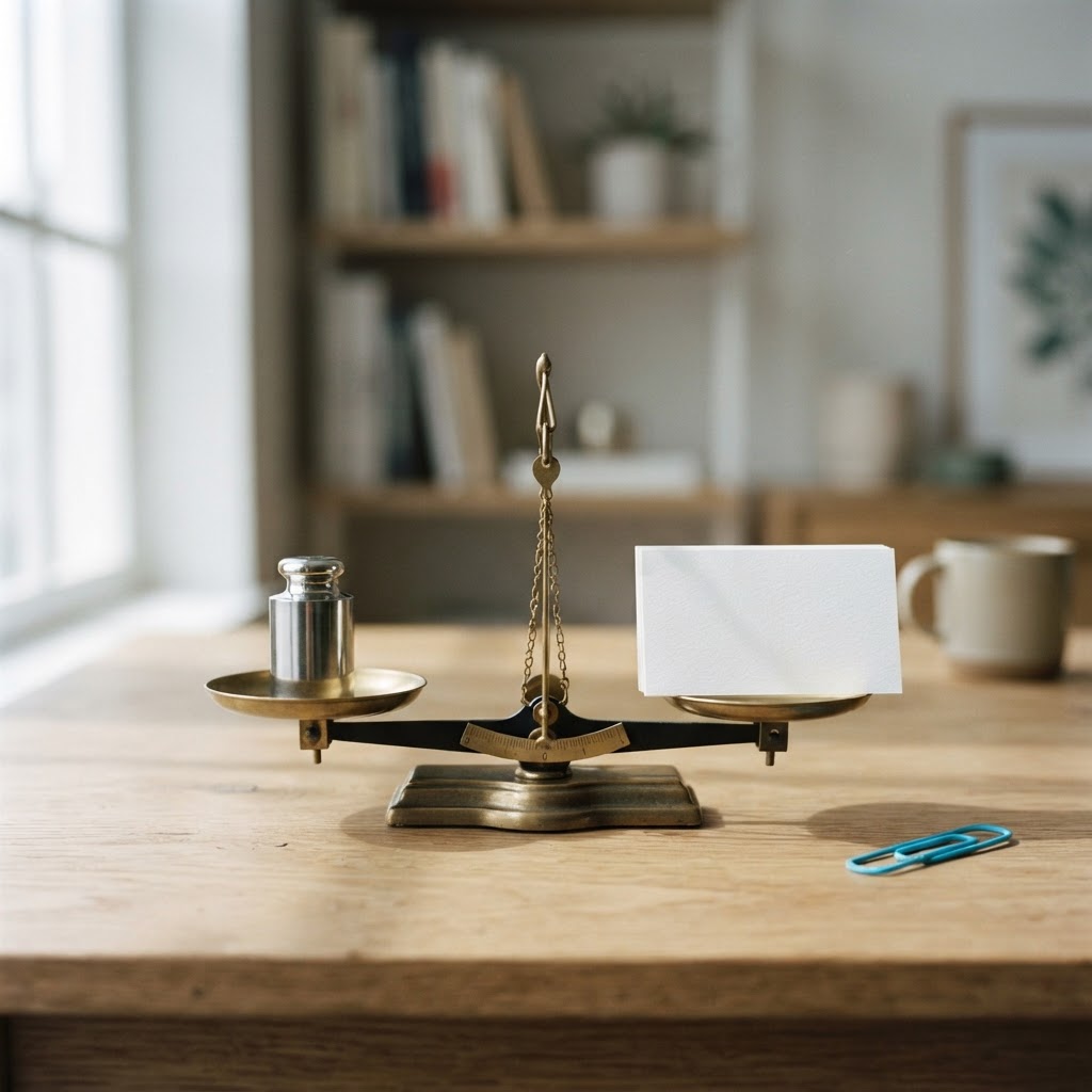 Analog scale on a desk balancing paper cards