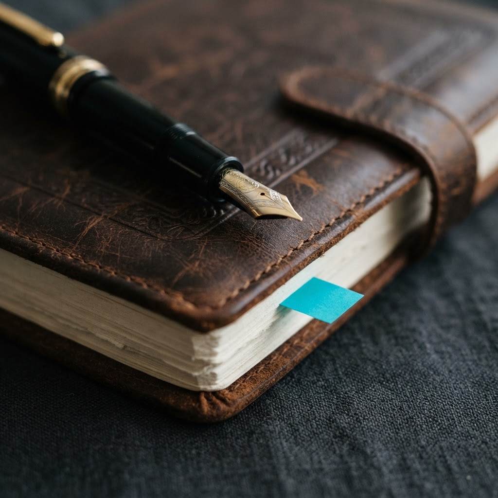 Fountain pen and notebook with a cyan tab