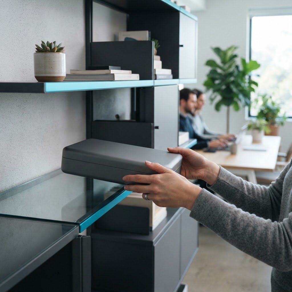Hands placing a storage case on a clean shelf