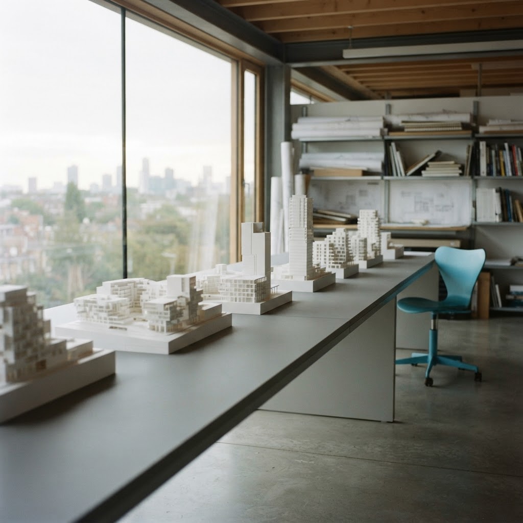 Minimalist architectural models on a gray table