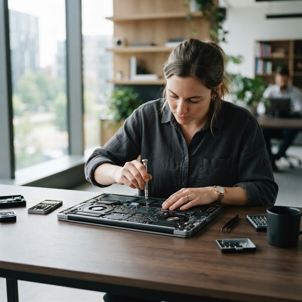 Engineer inspecting laptop hardware in a clean office