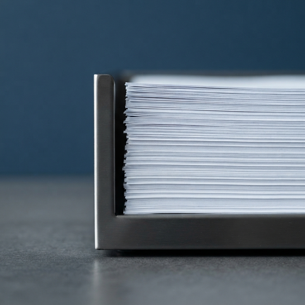Detail of organized white documents in a metal tray