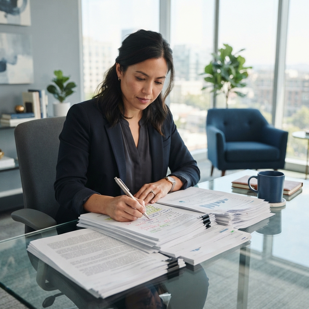 Investor reviewing printed documents in a modern office