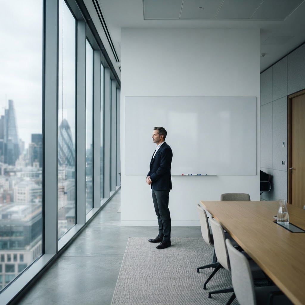Professional standing in a minimalist office meeting space