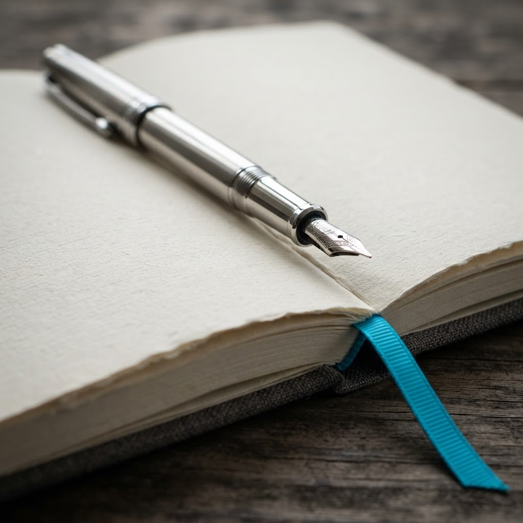 Fountain pen and professional journal on a desk