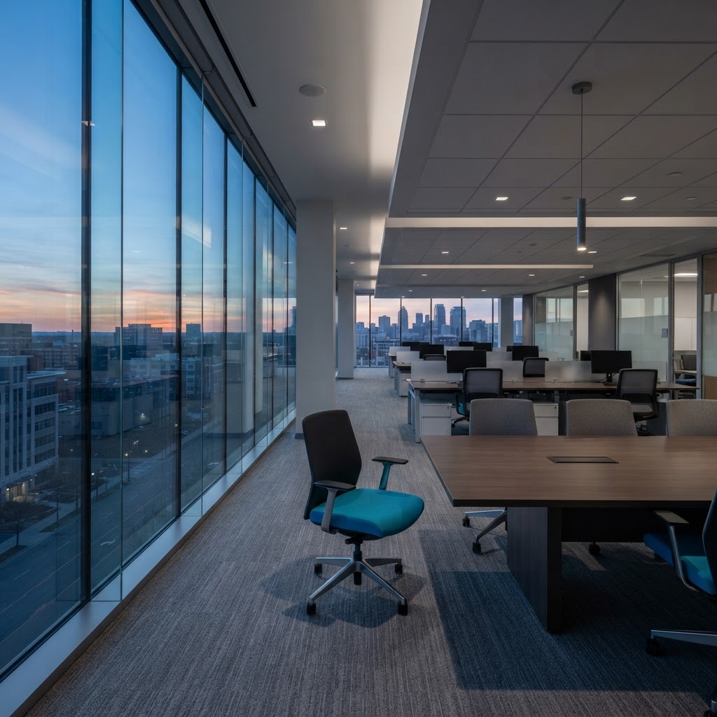 Minimalist modern office interior with empty seating