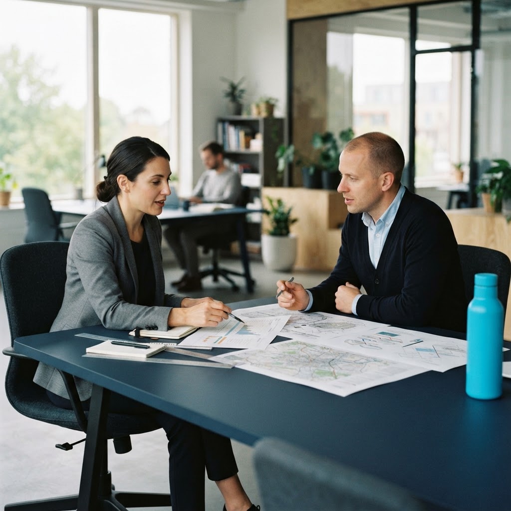 Two professionals reviewing physical documents in a modern office