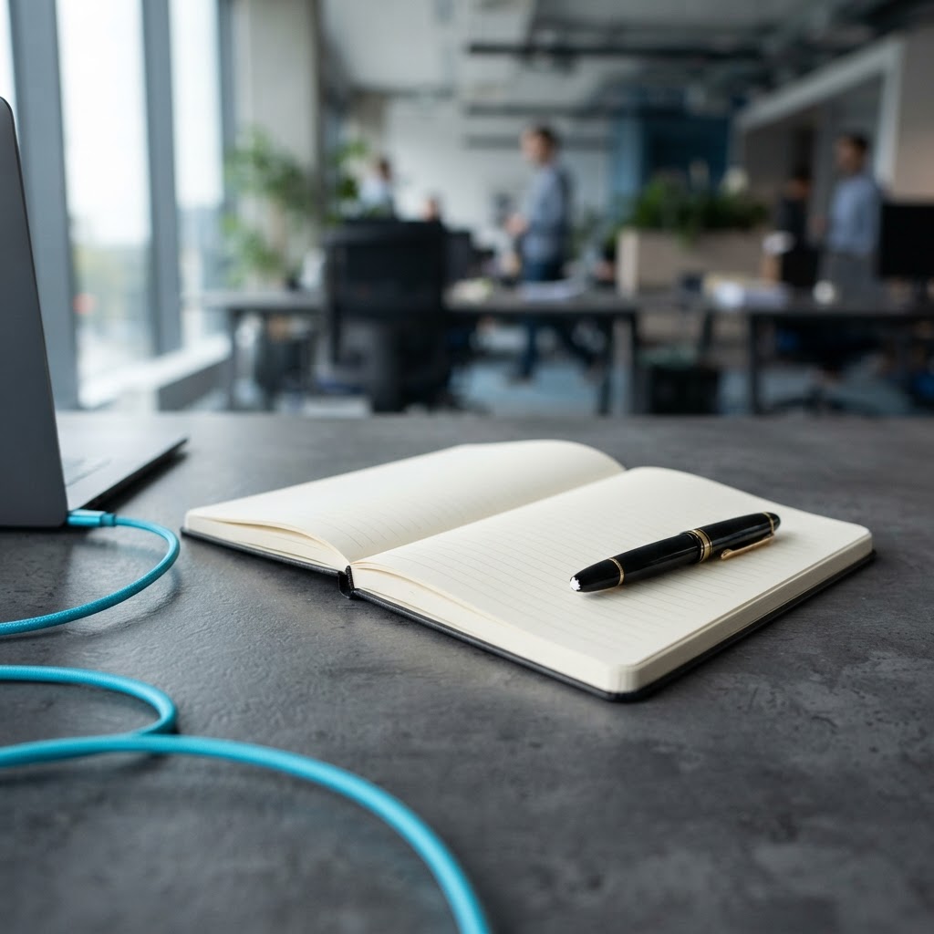 A clean desk workspace with notebook and pen
