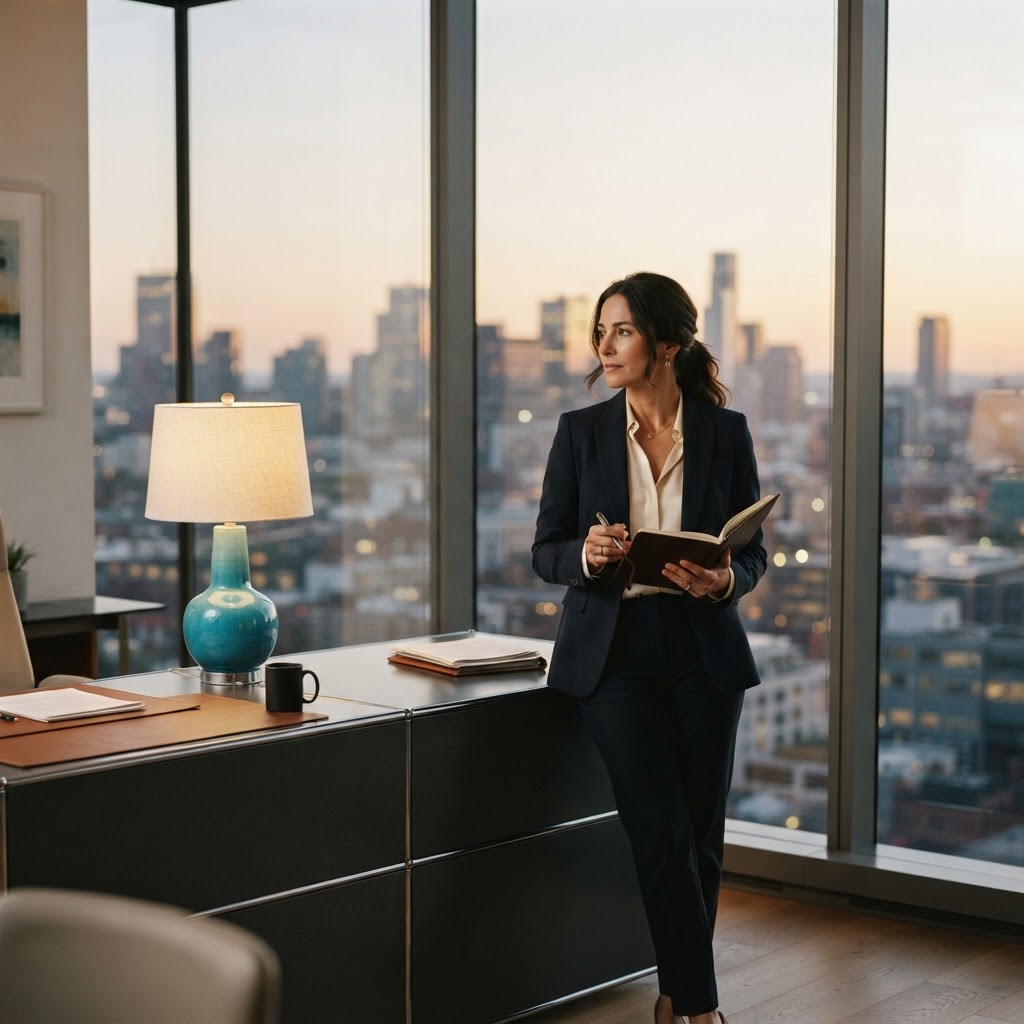Executive contemplating business strategy in a modern office
