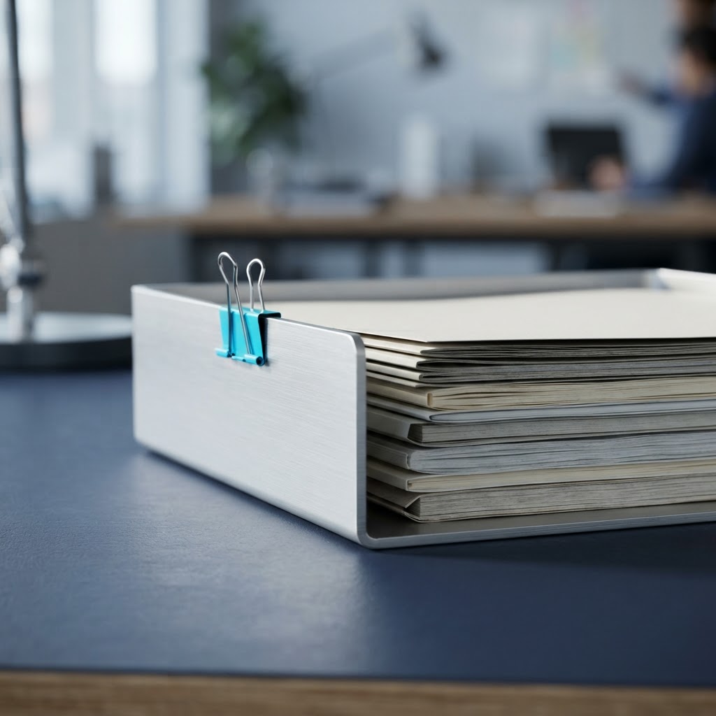 Professional paper dossiers and documentation on a desk