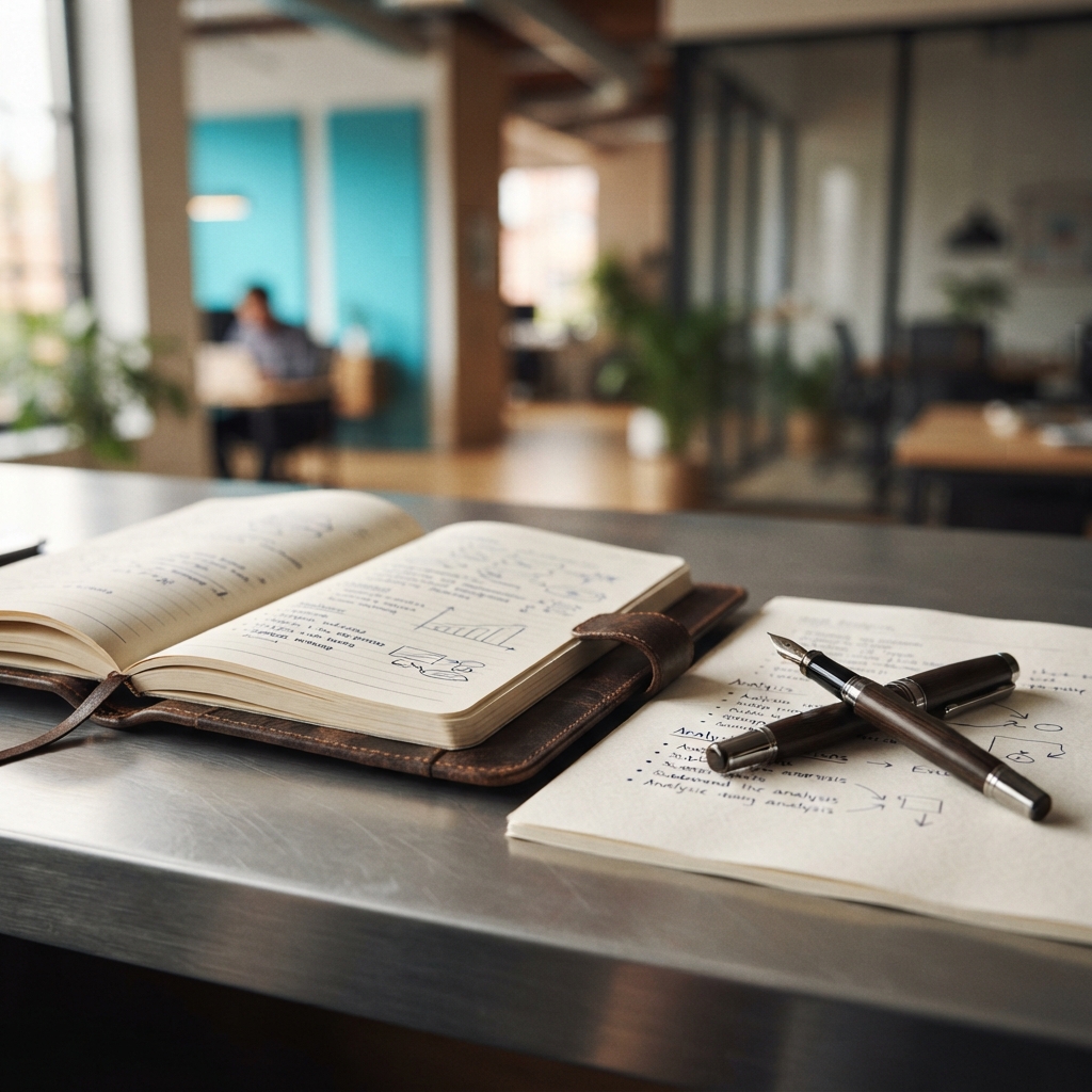 Detailed close up of a notebook and pen on a desk