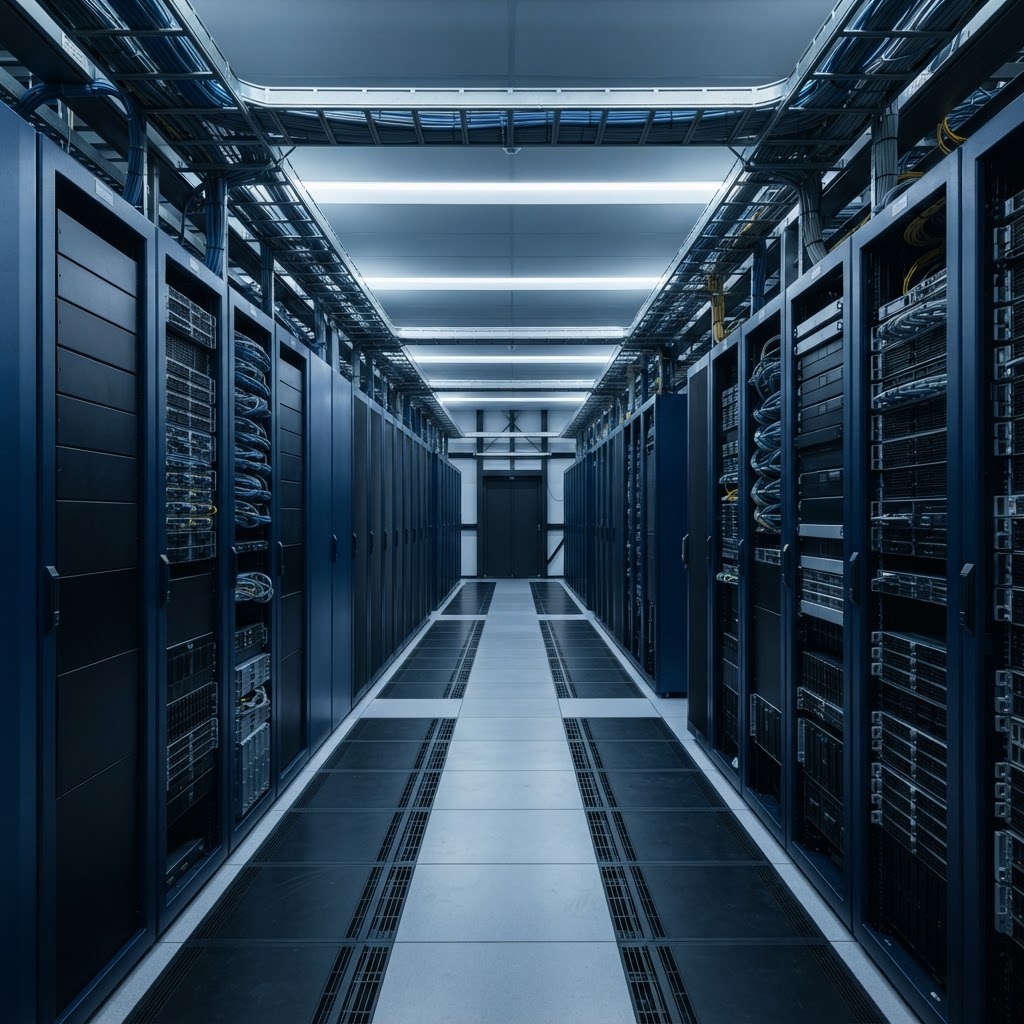 Wide angle view of a clean modern server room