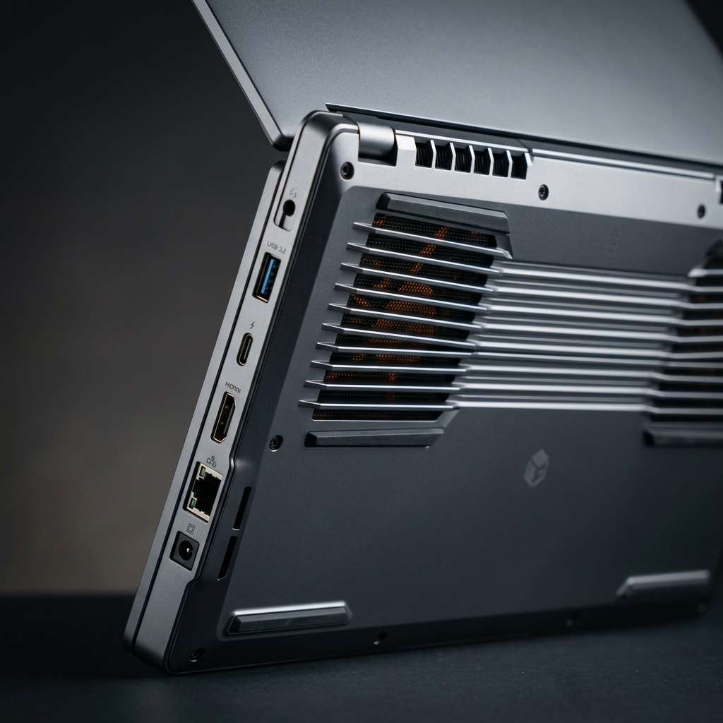 Laptop cooling vents and rear ports detail
