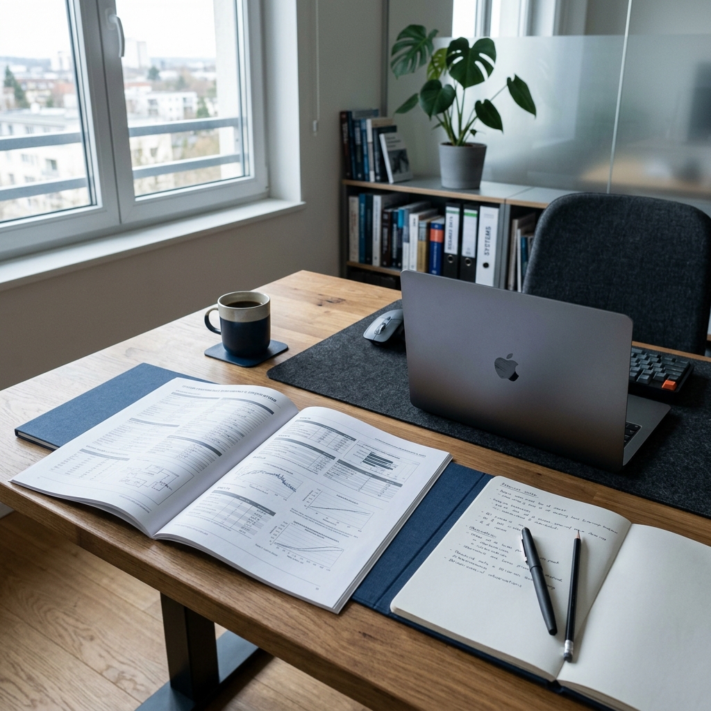 Technical workspace with laptop and specifications